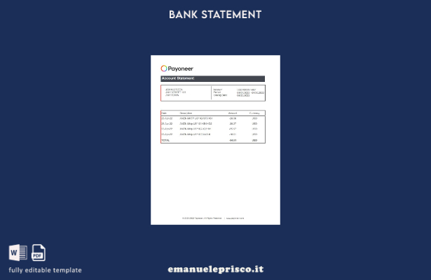Modello Excel di estratto conto bancario USA Payoneer in stile verificato